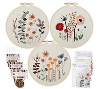Uphome Confezione da 3 kit per ricamo a punto croce per principianti, con graziosi motivi di fiori e piante, con 1 cerchio da ricamo e fili colorati, per adulti e bambini