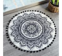 Uphome Piccolo tappeto rotondo da 5 cm, stile bohémien, beige e nero, con pompon, frange, lavabile, motivo mandala, tappetino da doccia, morbido, antiscivolo, carino, rotondo, per lavandino, polvere,
