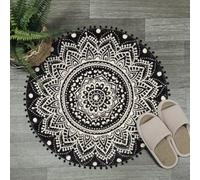 Uphome Piccolo tappeto rotondo da 6 cm, motivo mandala bohémien, con pompon, frange, lavabile, tappetino da doccia, morbido, antiscivolo, carino, tappeto circolare, per lavandino, camera da letto,