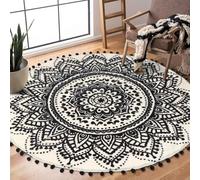Uphome Tappeto rotondo bohémien per camera da letto, 1,2 m, rotondo, beige e nero, con pompon, frange, lavabile, motivo mandala, antiscivolo, morbido, per soggiorno, divano, camera dei bambini