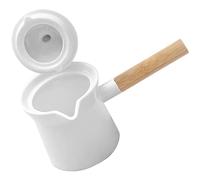 UPKOCH Lattiera in Ceramica Con Manico in Legno Teiera Sfusa Padella Antiaderente Pentola Bollente Del Latte Pentola Del Latte Portacandele Bianca Con Coperchio Cucchiaio Di Legno Bambino
