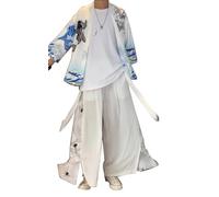 Uplateng 3 Pezzi Abito Taoista Vestito Uomo Tradizionale Cinese Cardigan Estivo Etnico Hanfu Kimono Tshirt + Scialle + Pantaloni S-4XL (E,4XL)