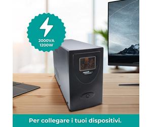 UPS Line Interactive 2000VA, Stabilizzatore AVR, 2 Batterie 12V/9Ah, 2 Uscite Sc