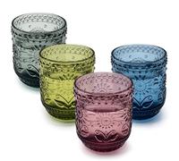 UPZAI Set 4 Bicchieri Acqua Vetro 360 ml: Bicchieri Colorati Vintage con Lavorazione a Rilievo - Bicchiere Vetro per Whisky Caffe Cocktail - Lavabile in Lavastoviglie (Flower set)