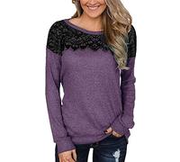 Uqezagpa Autunno Manica Lunga Pullover Top Colore Ciglia Pizzo Patchwork O-Collo Casual Felpe Allentate Camicette Donne T-shirt Largo Fit Lungo, Viola, S