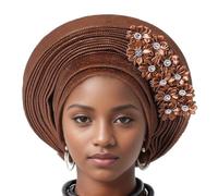 Uqezagpa Cappello a turbante con toppa a fiore esagerato cappello multistrato traspirante africano copricapo da sposa donna turbante brillante cappello, Marrone scuro, Taglia unica