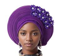 Uqezagpa Cappello a turbante con toppa a fiore esagerato cappello multistrato traspirante africano copricapo da sposa donna turbante brillante cappello, Viola, Taglia unica