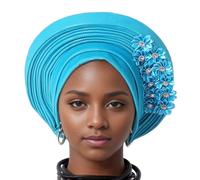 Uqezagpa Cappello a turbante con toppa a fiore esagerato cappello multistrato traspirante africano copricapo da sposa donna turbante brillante cappello, Blu lago, Taglia unica