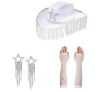 Uqezagpa Cappello da cowboy occidentale maniche per doccia nuziale orecchini cowgirl costume set signora nightclub vestire mascherate vestito partito fornitura