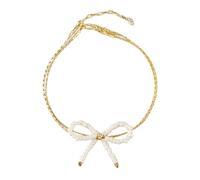 Uqezagpa Doppio anello alla moda con perline Bowknot lunghezza regolabile catena da polso accessorio per donne alla moda fiocco perline, Misura unica, come descritto