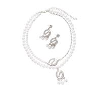 Uqezagpa Elegante set di collana e orecchini a doppio strato con zirconi intarsiati con perle finte per donne Royal Courts