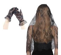 Uqezagpa Floral Lace Veil And Glove Set Bridal Wedding Hair Accessories For Bachelorette Party Funeral Halloween With Floral Lace Gloves Set