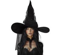 UQJE Cappello da strega nero da donna per adulti, cappello da strega in rete, costume di Halloween, 61 cm