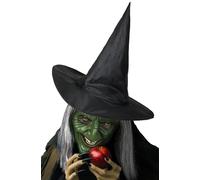 UQJE Vecchia maschera da strega con cappello da strega e parrucca da strega spaventosa maschera da vecchia signora verde spaventosa
