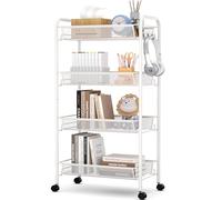 Urackify Carrello multifunzione portatile da cucina a 4 ripiani, per bagno, cucina e lavanderia. Metallo antiruggine, cestino a rete traspirante e gancio laterale inclusi. Facile da montare,bianco
