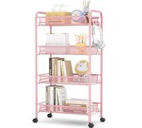Urackify Carrello multifunzione portatile da cucina a 4 ripiani, per bagno, cucina e lavanderia. Metallo antiruggine, cestino a rete traspirante e gancio laterale inclusi. Facile da montare, Rosa