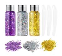 URAQT 3pcs Glitter Corpo e Viso per Unghie,Occhi, Labbra, Argento+Oro+Viola | Capelli - Gel Chunky per Musica, Festival, in Maschera