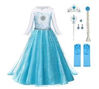 URAQT Costume di Elsa, Set da Principessa Elsa Corona Bacchetta Guanti Treccia, Costume di Cosplay Party Halloween Costume Abito delle Ragazze di Natale Vestito Fantasia (Verde Chiaro-120)
