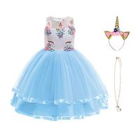 URAQT Ragazza Vestito Unicorno, Ruffles Fiori Festa Cosplay Abito da Sposa Carnevale Ballo Abito Festa di Compleanno Vestito della Principessa per Bambine,130CM
