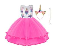 URAQT Ragazza Vestito Unicorno, Ruffles Fiori Festa Cosplay Abito da Sposa Carnevale Ballo Abito Festa di Compleanno Vestito della Principessa per Bambine,110CM