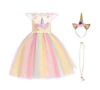 URAQT Ragazza Vestito Unicorno, Ruffles Fiori Festa Cosplay Abito da Sposa Carnevale Ballo Abito Festa di Compleanno Vestito della Principessa per Bambine,150CM