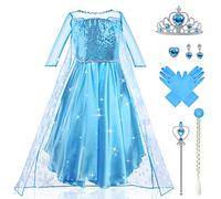 URAQT Vestito Elsa Set, Costume Elsa Vestito Bambina Principessa, Set da Principessa Corona Bacchetta Guanti Treccia, Cosplay Party Halloween Abito delle Ragazze di Natale Vestito Fantasia(130)