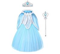 URAQT Vestito Set, Congelato Costume Vestito Bambina Principessa, Set da Principessa Blu Corona Bacchetta, Cosplay Party Halloween Abito delle Ragazze di Natale Fantasia(140)