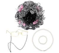 URATOT Parrucca da donna, 100 giorni di scuola, parrucca per nonna, con rotelle, occhiali, catena, bracciale, grigio scuro, taglia M, 5 pezzi