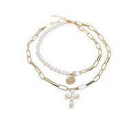 Urban Classics Unisex Pearl Cross Layering Necklace pearlwhite/gold, one size