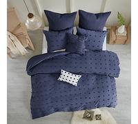URBAN HABITAT Set copripiumino 100% cotone jacquard, trapuntato, shabby chic, per tutte le stagioni, per piumone, federe abbinate, cuscini decorativi, per letto king size (264 x 234 cm), blu navy, 7