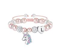 URBAN SPARKS Bracciale con unicorno, per bambini e bambine, in argento 925, con cuore, perle bianche e sfere di strass, regolabile, regalo per ragazze, Mittelgroße, Argento, no.