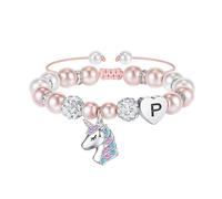 URBAN SPARKS Bracciale con unicorno, per bambini e bambine, in argento 925, con cuore, perle bianche e sfere di strass, regolabile, regalo per ragazze, Mittelgroße, Argento, no.