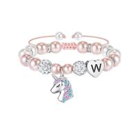 URBAN SPARKS Bracciale con unicorno, per bambini e bambine, in argento 925, con cuore, perle bianche e sfere di strass, regolabile, regalo per ragazze, Mittelgroße, Argento, no.