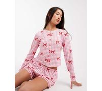 Urban Threads - Completo in jersey rosso a quadretti con stampa di fiocchi composto da pantaloncini e cardigan a maniche lunghe 44