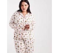 Urban Threads Curve - Pigiama natalizio con stampa di pudding composto da pantaloni e top a maniche lunghe con rever-Bianco 48