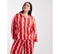 Urban Threads Curve - Pigiama natalizio rosso a righe ondulate composto da pantaloni e top a maniche lunghe con rever 50