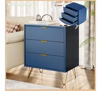 UrbanLuxe Comodino camera da letto con 3 cassetti, gambe in metallo e maniglie dorate, comodino moderno tavolino comodino camera da letto, Blu