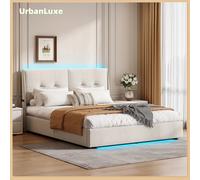 UrbanLuxe Letto imbottito 140x200 cm con luce LED e spazio contenitore, letto ad aria compressa, rete a doghe, flanella beige, senza materasso