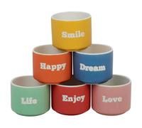 URBN-CHEF Set di 6 mini tazze da caffè espresso in porcellana, colori assortiti, piccole da 60 ml e grandi da 180 ml, con parole positive, lavabili in lavastoviglie, adatte al microonde e al forno, in