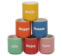 URBN-CHEF Set di 6 mini tazze da caffè espresso in porcellana, colori assortiti, piccole da 60 ml e grandi da 180 ml, con parole positive, lavabili in lavastoviglie, adatte al microonde e al forno, in