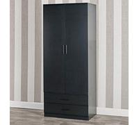 URBNLIVING Armadio alto in legno a 2 ante con 2 cassetti, per camera da letto, per appendere i vestiti (nero, contemporaneo)