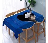 UREJD Tablecloth Stain Resistant 152x228 cm Rectangular Tablecloth Waterproof Decorative for Birthday Party Kitchen Dining Room,Un gattino fa capolino da un buco a forma di cuore su uno sfondo blu.