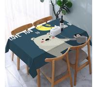 UREJD Tablecloth Stain Resistant 152x228 cm Rectangular Tablecloth Waterproof Decorative for Birthday Party Kitchen Dining Room,Ti amo, orsacchiotto e pinguino amici San Valentino artico sotto la lun