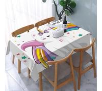 UREJD Tablecloth Stain Resistant 152x228 cm Rectangular Tablecloth Waterproof Decorative for Birthday Party Kitchen Dining Room,Cartone animato, un gattino bianco con ali di unicorno e arcobaleno cir