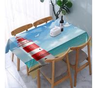 UREJD Tablecloth Stain Resistant 152x228 cm Rectangular Tablecloth Waterproof Decorative for Birthday Party Kitchen Dining Room,Paesaggio del faro sulla spiaggia, faro a strisce con cielo soleggiato,