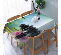 UREJD Tablecloth Stain Resistant 152x228 cm Rectangular Tablecloth Waterproof Decorative for Birthday Party Kitchen Dining Room,Pietre nere silenziose, fiori rosa e foglie di bambù, ciottoli silenzio