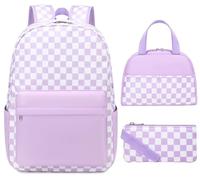 UREYMX Set di 3 zaini a scacchi con portapranzo e astuccio, zaino scolastico per ragazzi e ragazze, zaini per bambini, zaino impermeabile leggero e di grande capacità, viola