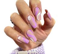 URFEDA 24 pezzi Press on Nails unghie corte francesi finte onde viola ballerina unghie artificiali con colla per unghie acrilico copertura completa unghie finte premere sulle unghie per donne e