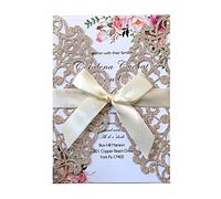URFEDA 25 biglietti d'invito di nozze floreali vuoti con foglio interno vergini/buste/nastro di invito vintage glitterato per festa matrimonio fidanzamento matrimonio doccia tipo 1