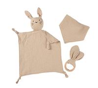 URFEDA 3pcs Doudou Coniglio Bambino Asciugamano lenitivo giocattolo di dentizione morbido e traspirante animale carino coperta fazzoletto in garza bambino bavaglini triangolo anelli di dentizione in